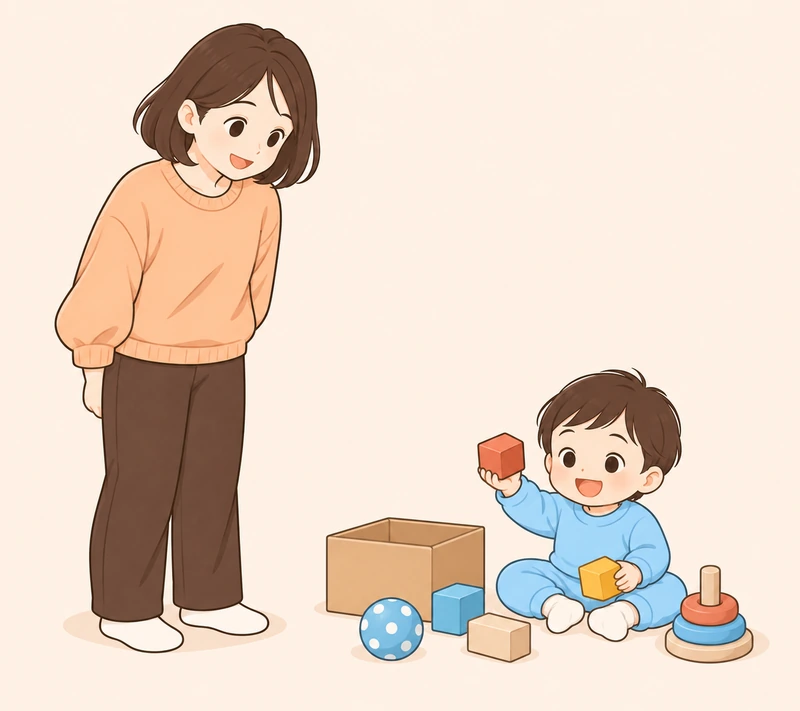子どもが届いたおもちゃで遊び、親が見守るイメージ