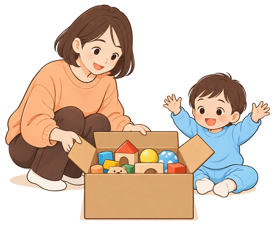 親子で届いた箱を開けているイメージ