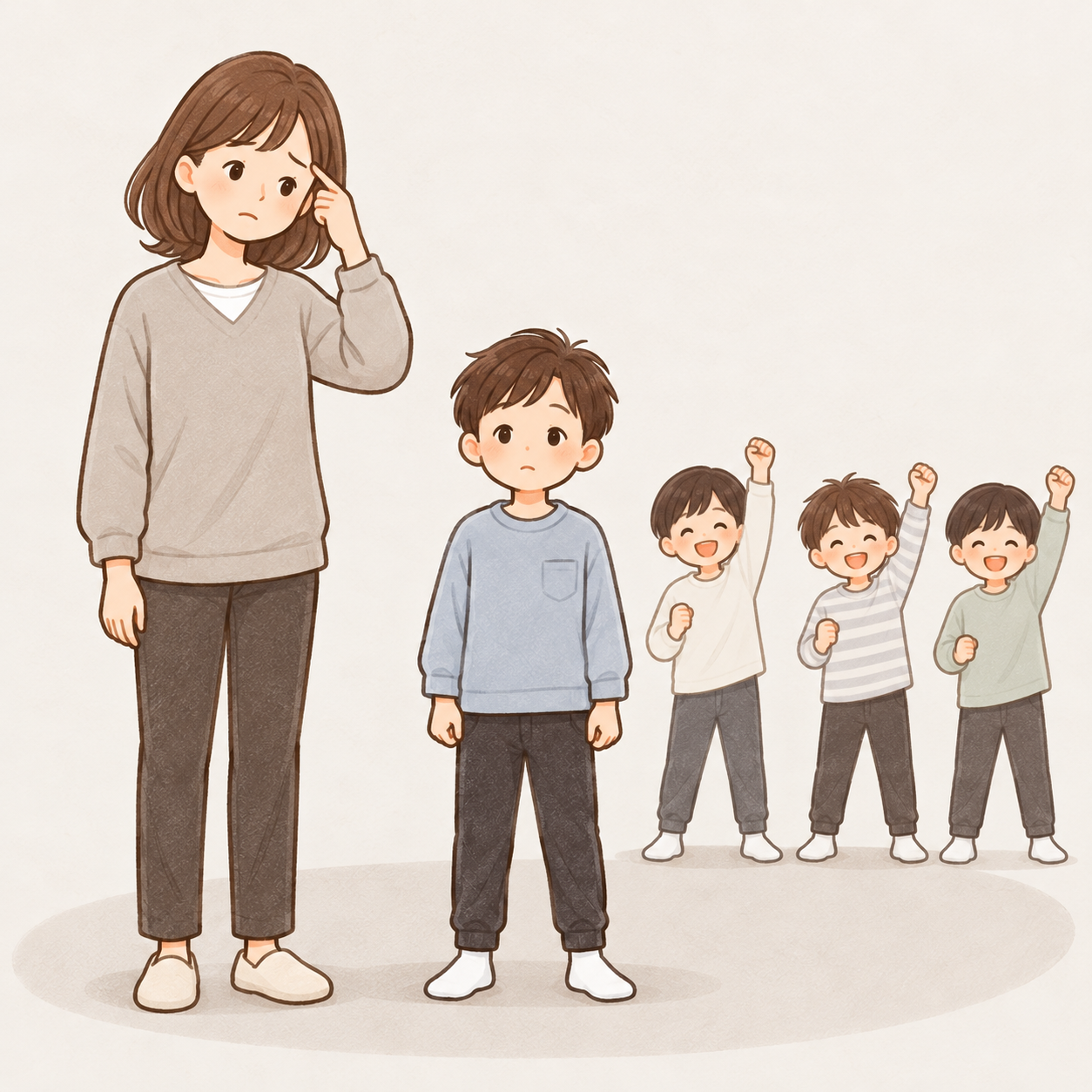 大勢の子が体を動かす中で1人だけ立ち止まる子と、困っている親のイメージ