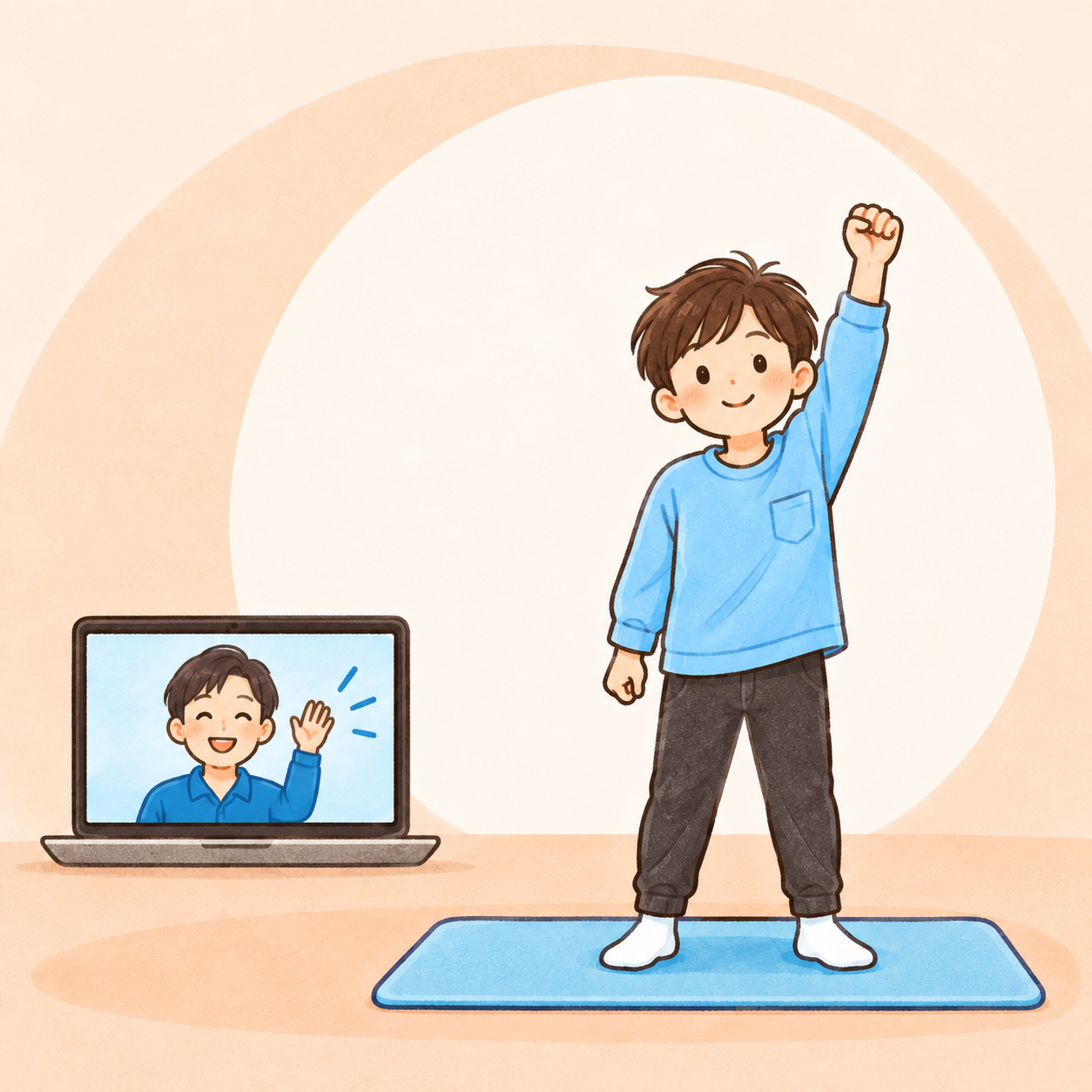 家でノートパソコンのコーチに合わせて子どもが体を動かすイメージ