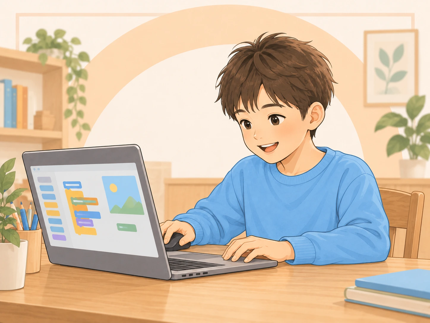 子どもがパソコンでゲームを組み立てているイメージ