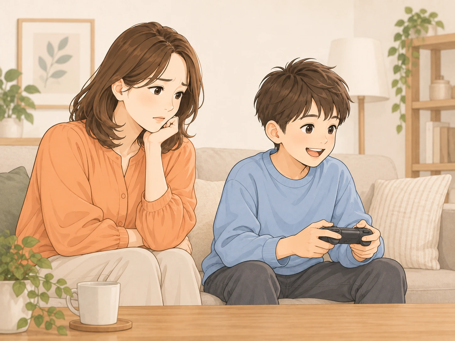 子どもがゲームで遊び、親が何から習わせればいいか迷っているイメージ