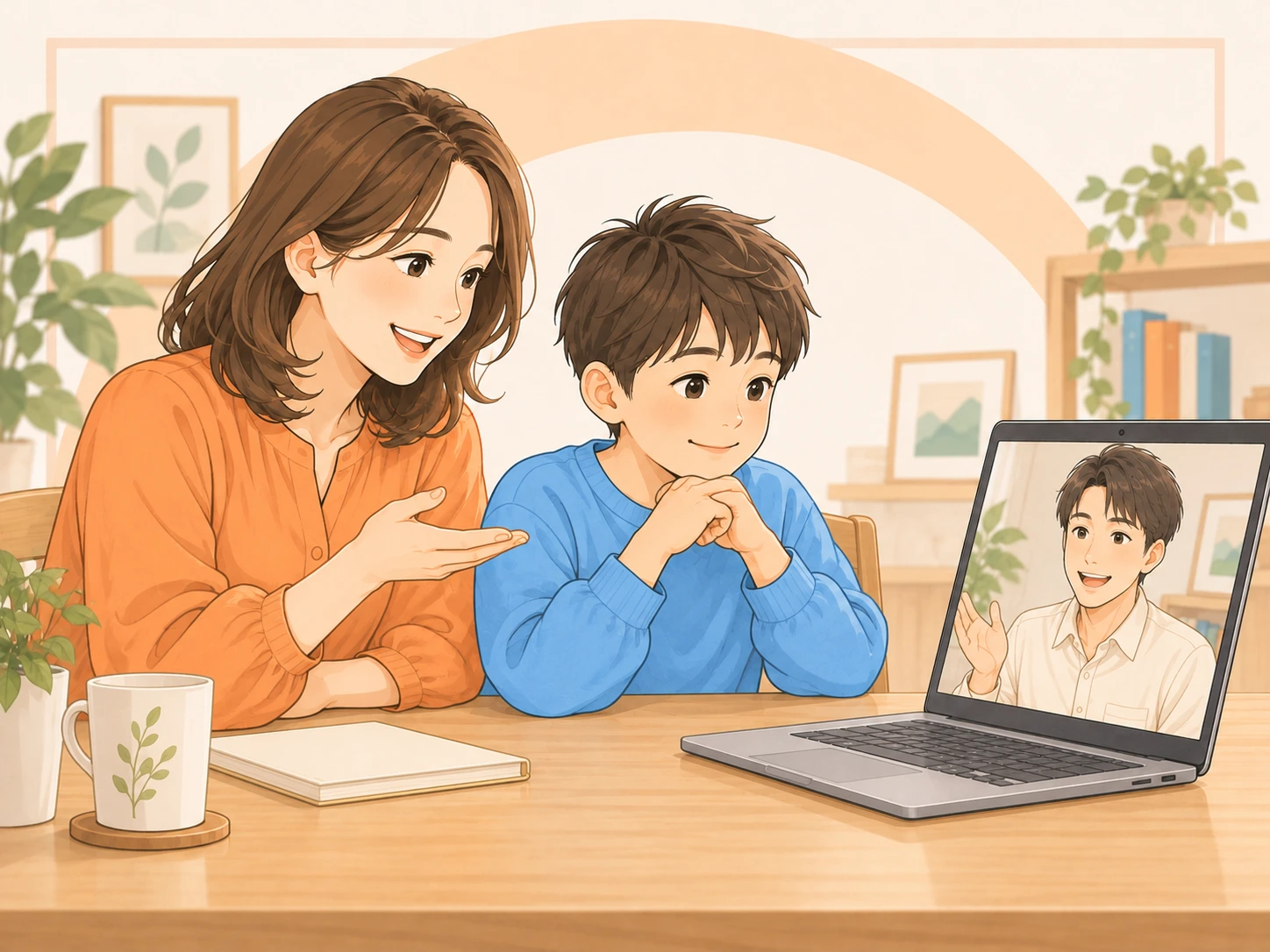 親と子どもが画面ごしに講師と話すイメージ