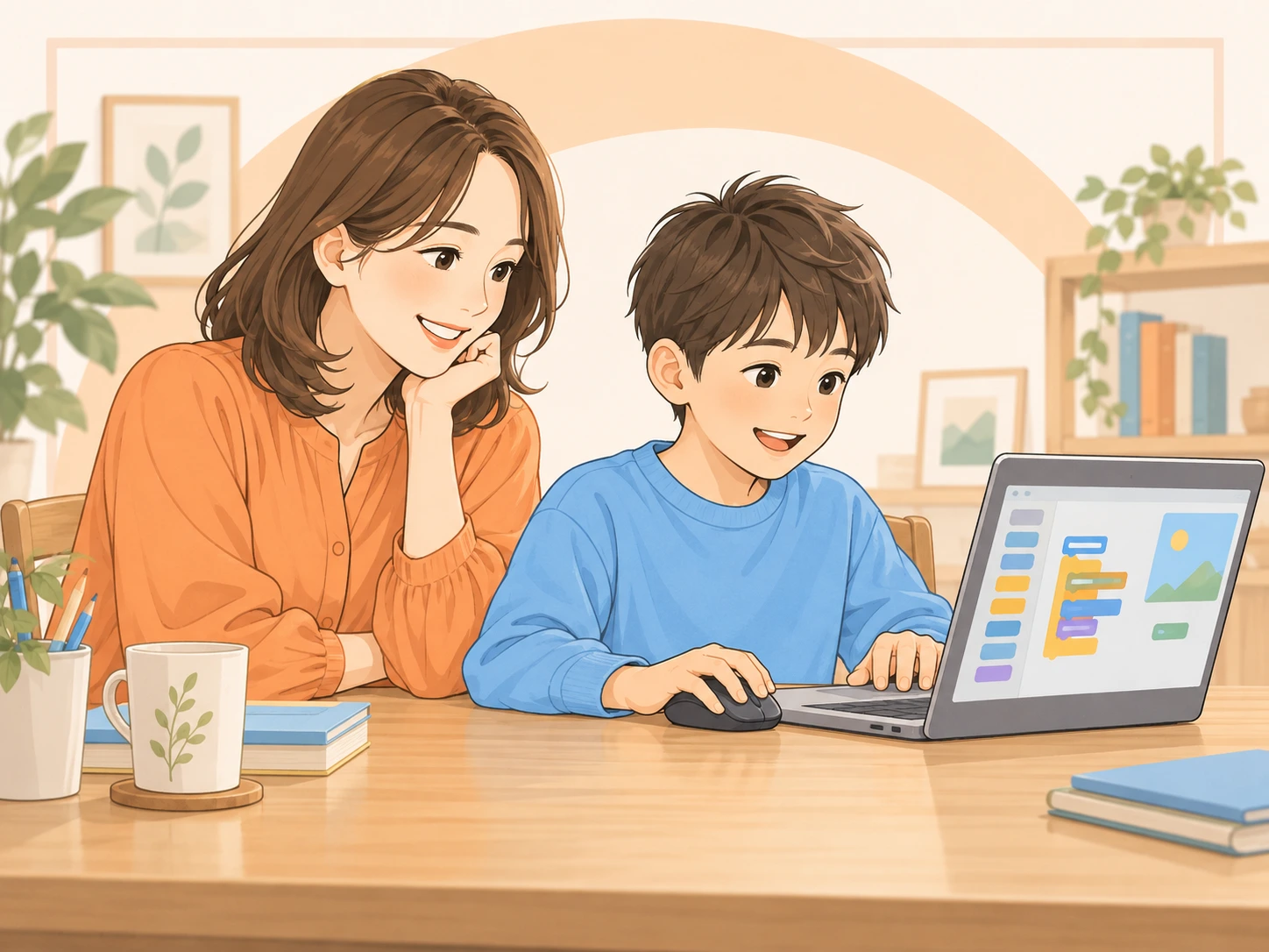 子どもがパソコンでゲームを組み立て、親が横で見ているイメージ