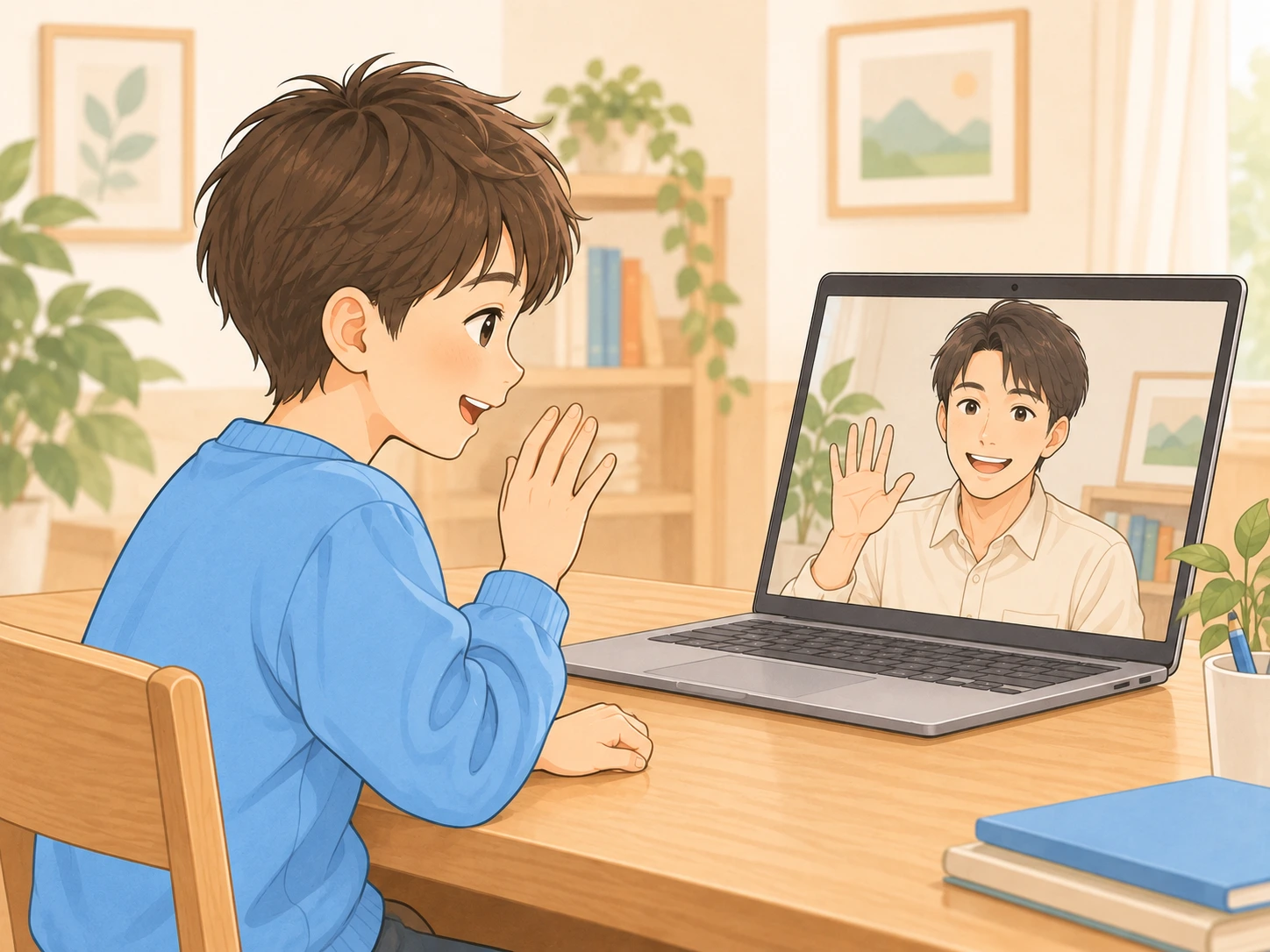 子どもがパソコンの画面ごしに講師と話すイメージ