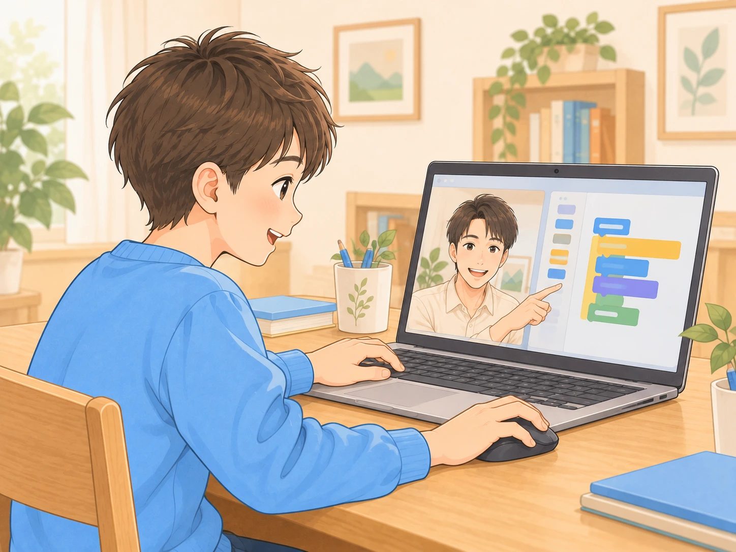 子どもがパソコンで体験のレッスンを受けるイメージ