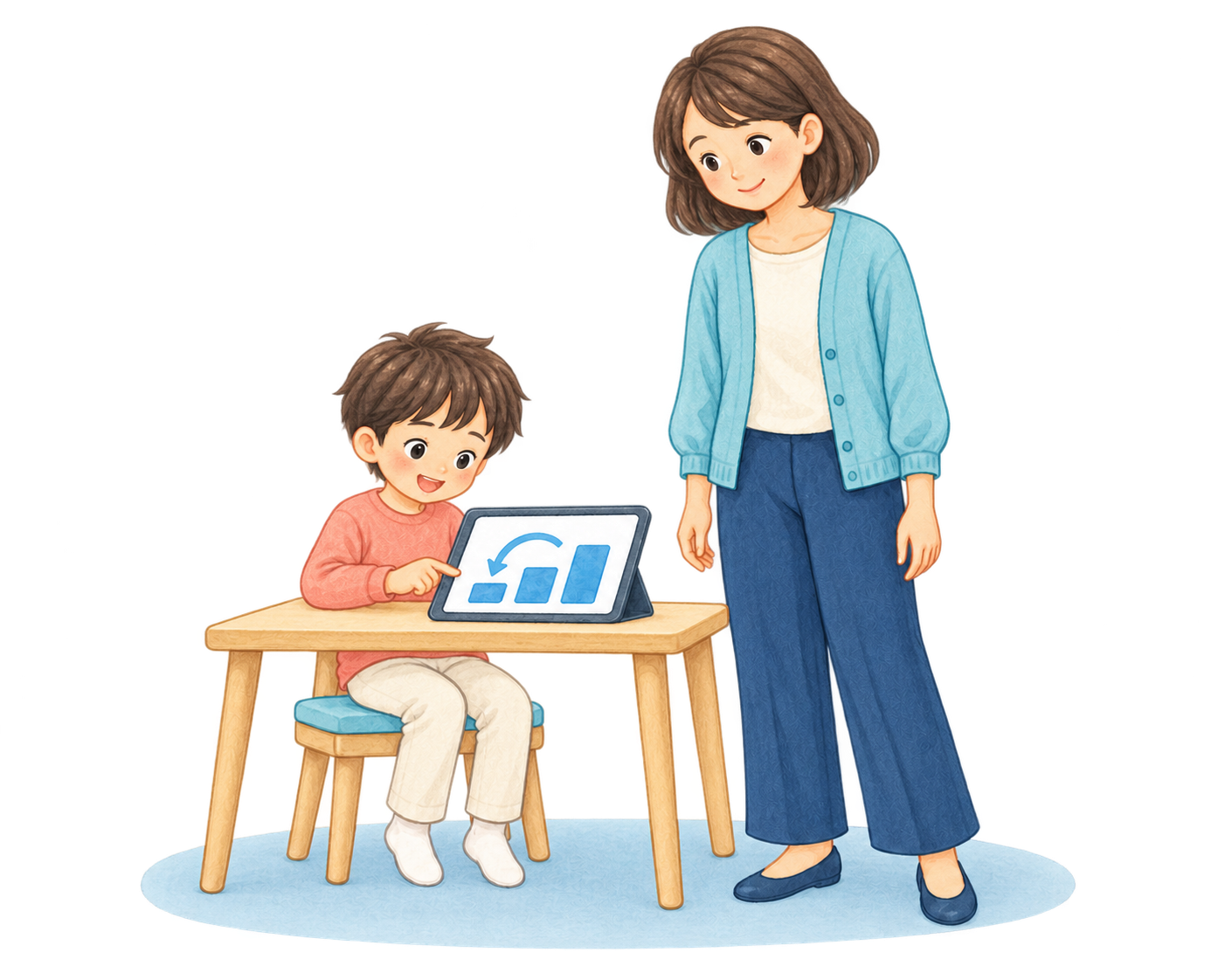 子どもがタブレットで前の学年の段へ戻って学び、親が笑顔で見るイメージ