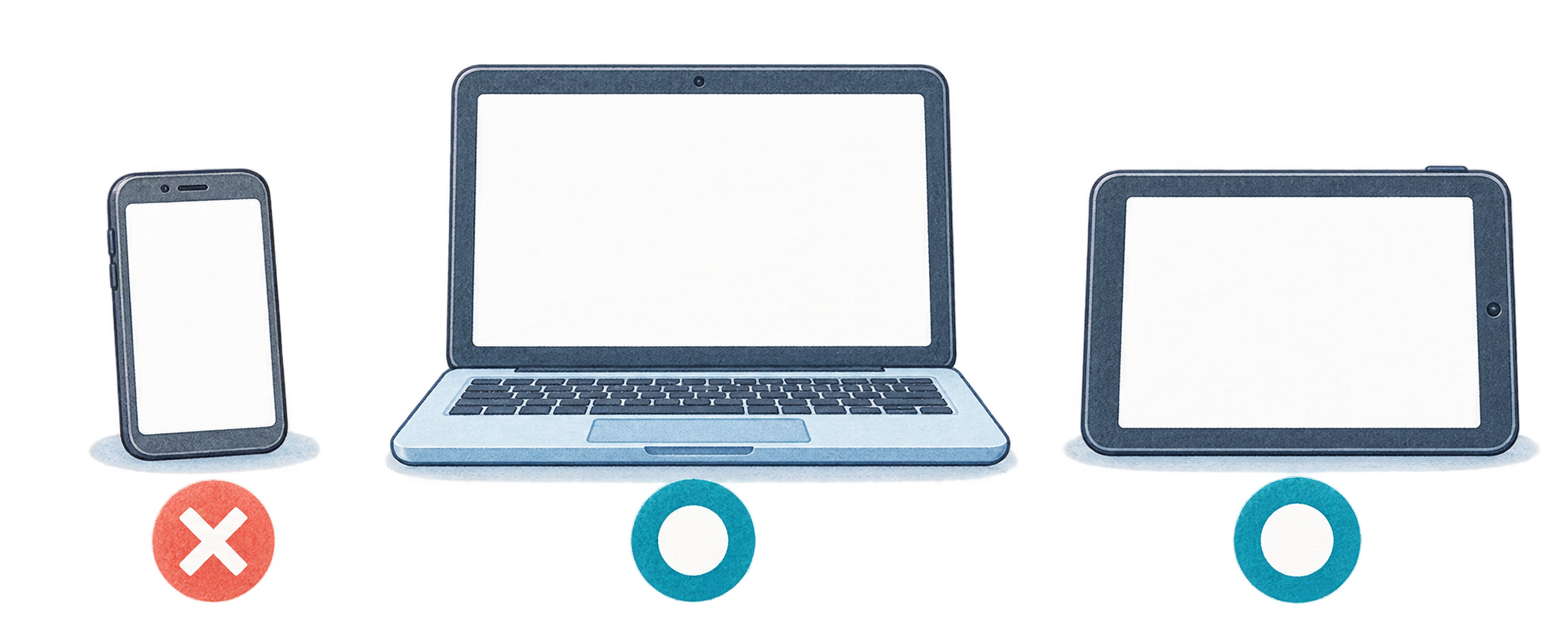 スマートフォンは×、パソコンと横向きタブレットは○で示した説明用の図