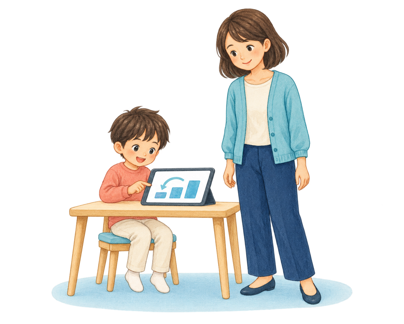 子どもがタブレットで前の学年の段へ戻って学び、親が横で見守るイメージ